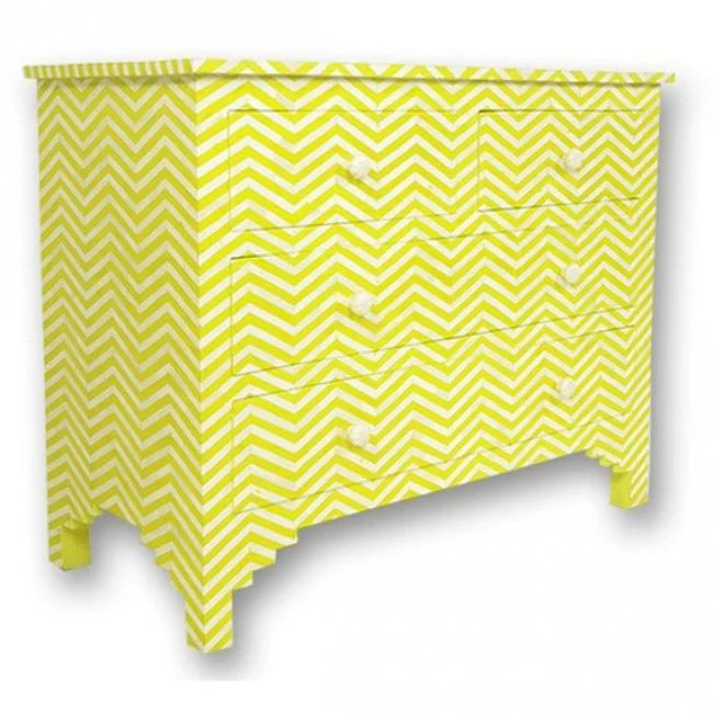 zig zag pattern yellow bone inlay chest of drawers