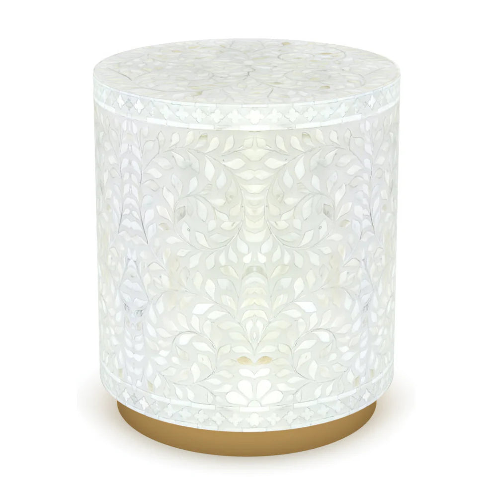 floral pattern bone inlay round white bedside stool
