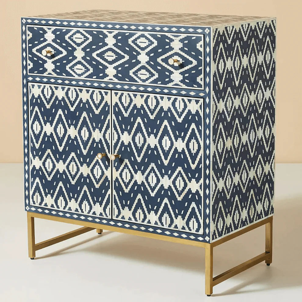 blue geometric pattern bone inlay dresser