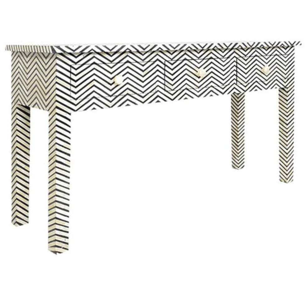Zig zag pattern black bone inlay console with three drawers