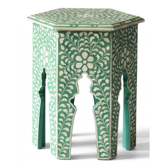 Muglia hexagonal bone inlay side table in green color