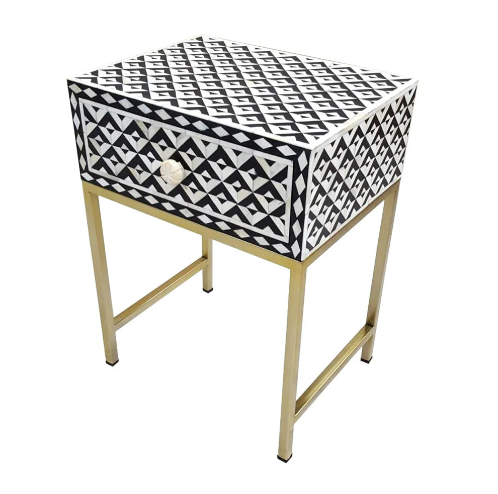 triangular pattern black and white bone inlay bedside with gold pvd coated metal legs