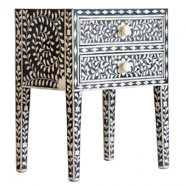 floral pattern bone inlay bedside table in black color