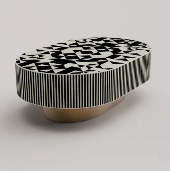geometric pattern bone inlay coffee table black in oval shape
