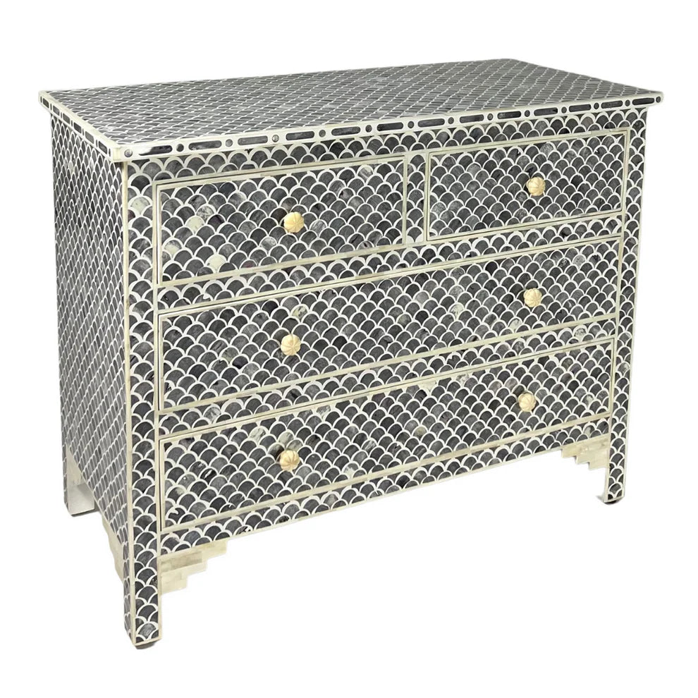 fish scale pattern bone inlay black chest of drawers