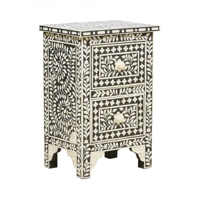 floral pattern black bone inlay bedside table in black color