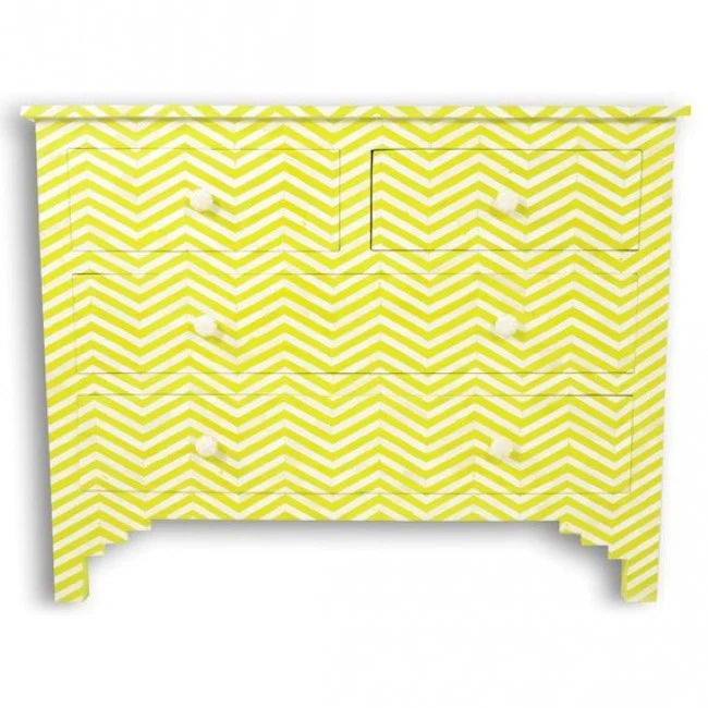 zig zag pattern yellow bone inlay chest of drawers