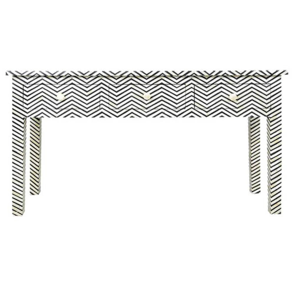 Zig zag pattern black bone inlay console with three drawers