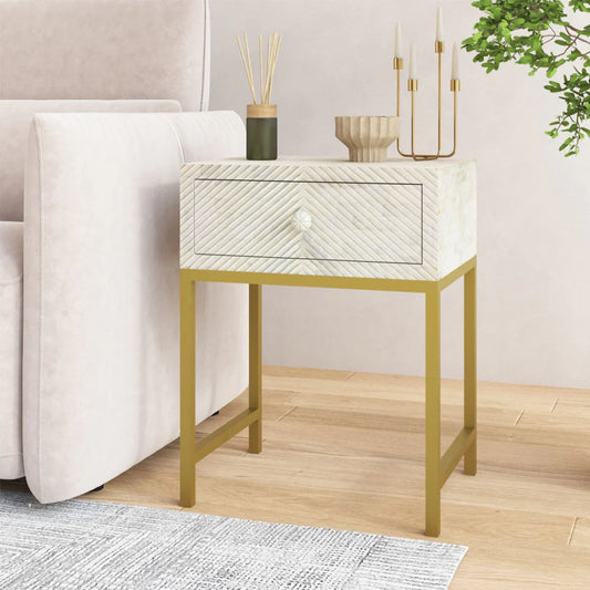 strip pattern full bone inlay bedside in white with pvd coated metal leg