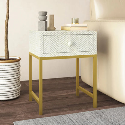 strip pattern full bone inlay bedside in white with pvd coated metal leg