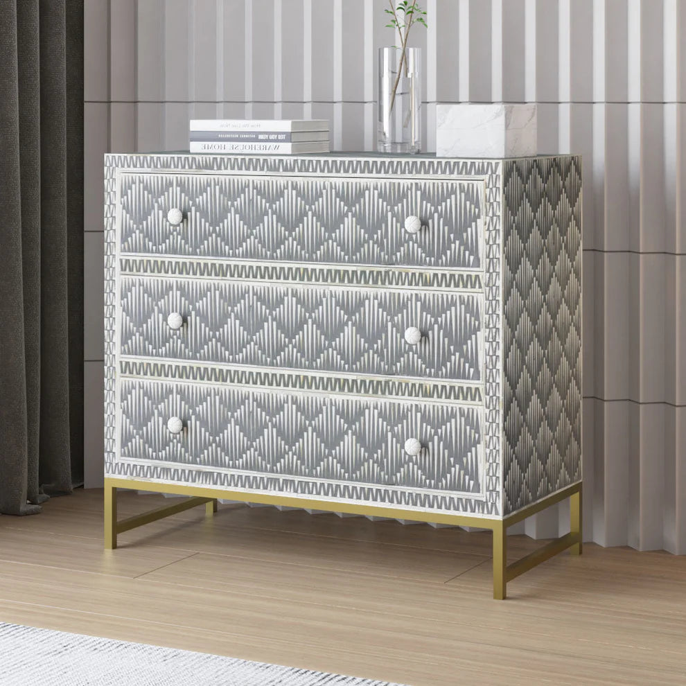 Rain drop pattern gray bone inlay dresser with three drawers