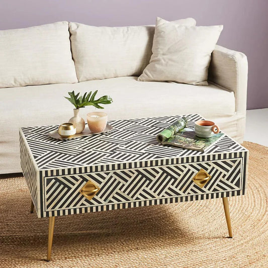 strip pattern black maze coffee table with drawer