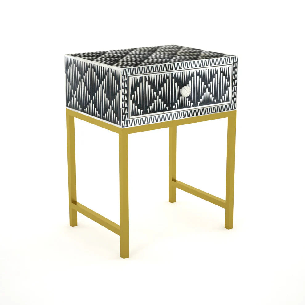 rain drop pattern black bone inlay bedside table with pvd coated metal legs