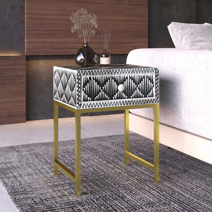 rain drop pattern black bone inlay bedside table with pvd coated metal legs