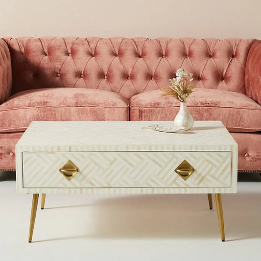 strip pattern white maze coffee table with drawer