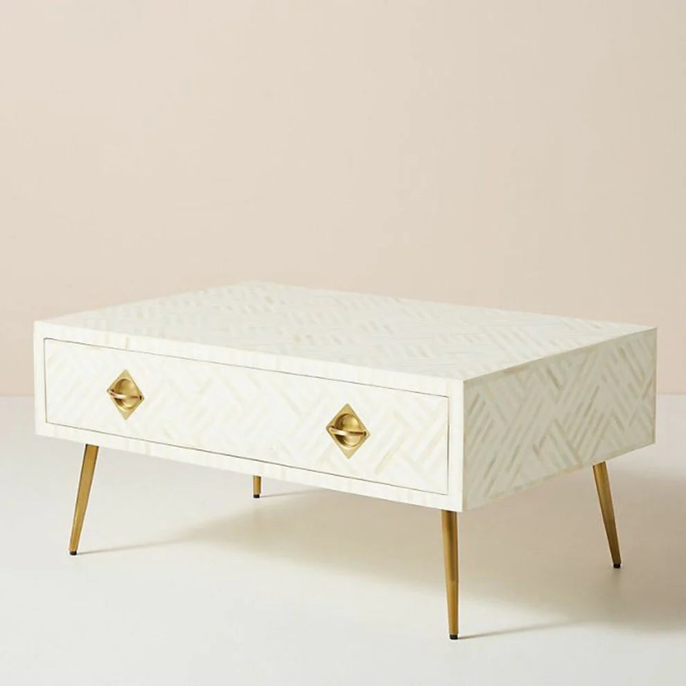 strip pattern white maze coffee table with drawer