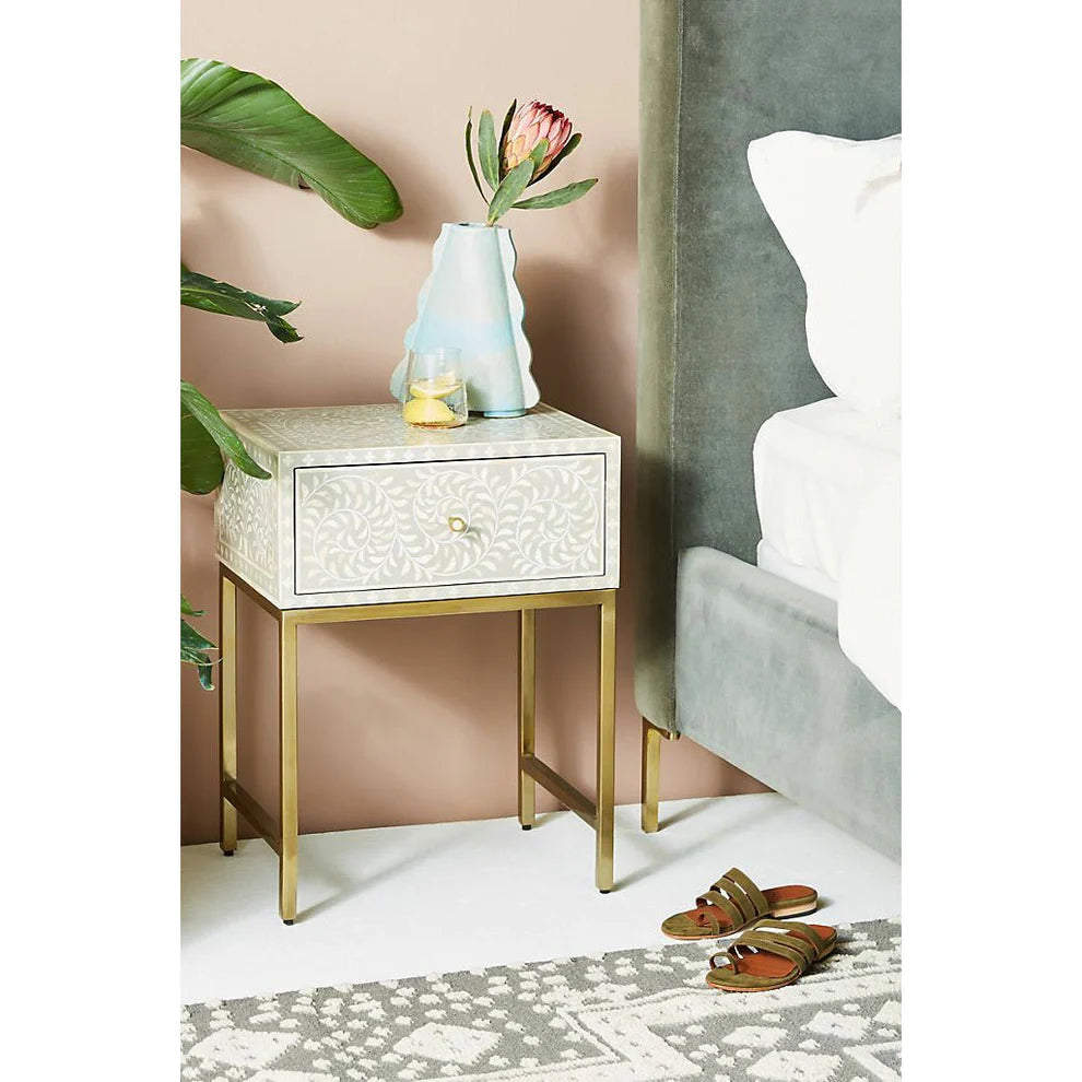 floral pattern bone inlay bedside table in gray color with gold pvd coated legs