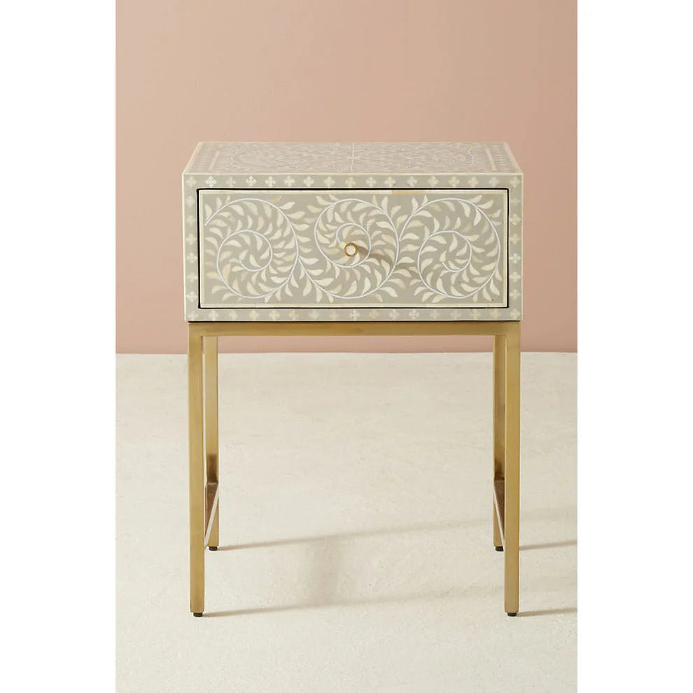 floral pattern bone inlay bedside table in gray color with gold pvd coated legs