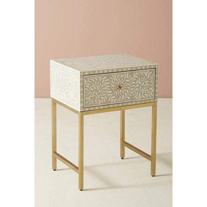 floral pattern bone inlay bedside table in gray color with gold pvd coated legs