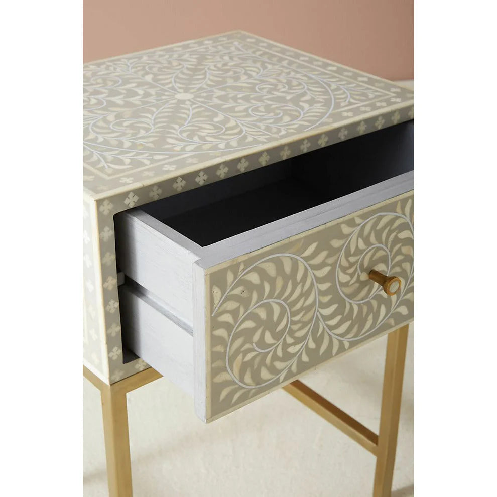 floral pattern bone inlay bedside table in gray color with gold pvd coated legs