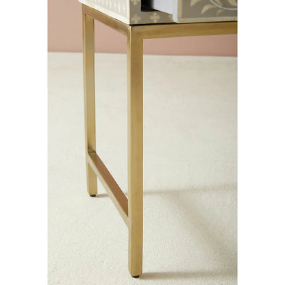 floral pattern bone inlay bedside table in gray color with gold pvd coated legs