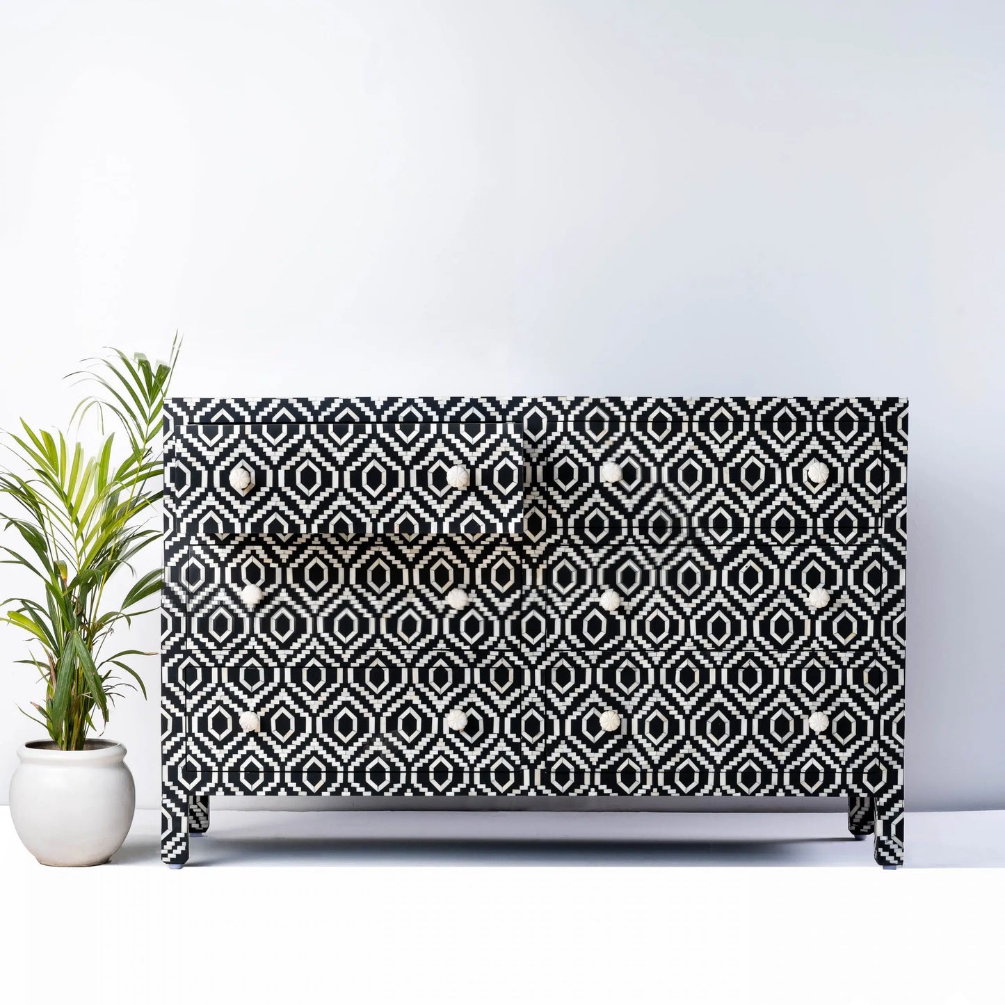 strip check pattern bone inlay dresser