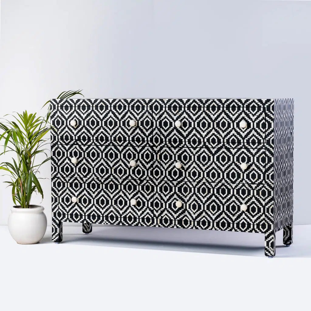 strip check pattern bone inlay dresser