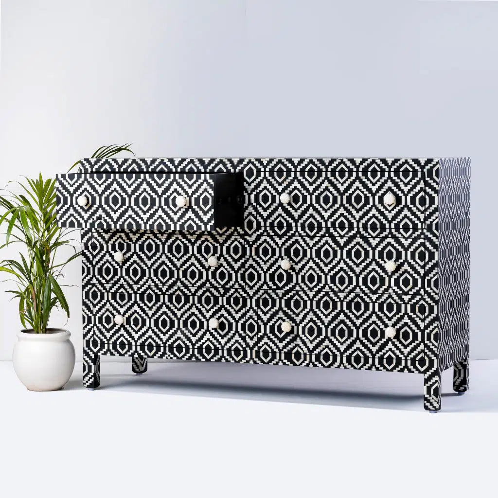 strip check pattern bone inlay dresser