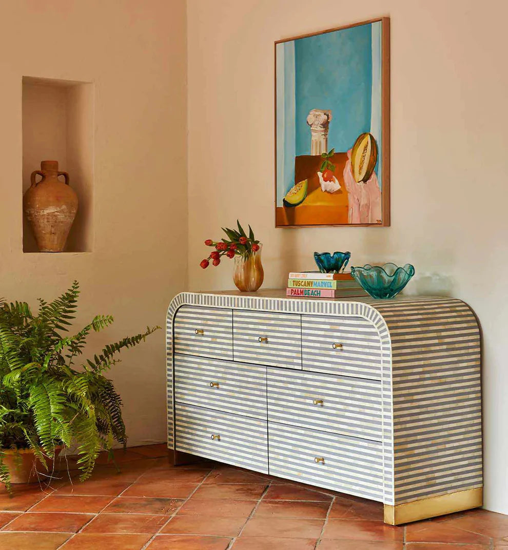 strip pattern bone inlay dresser in gray color