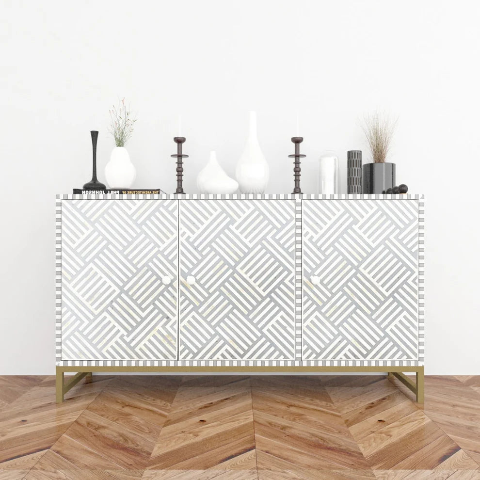 Optical pattern gray bone inlay dresser