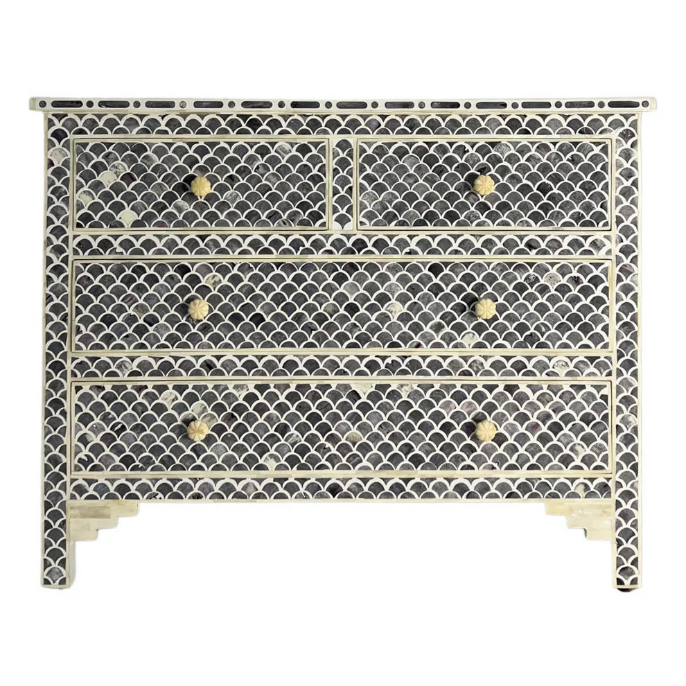 fish scale pattern bone inlay black chest of drawers