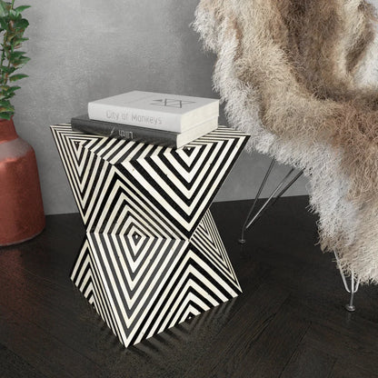 triangular pattern bone inlay black and white stool