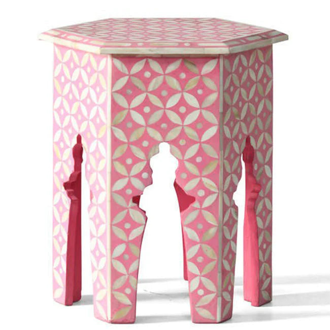 Muglia hexagonal bone inlay side table in pink color