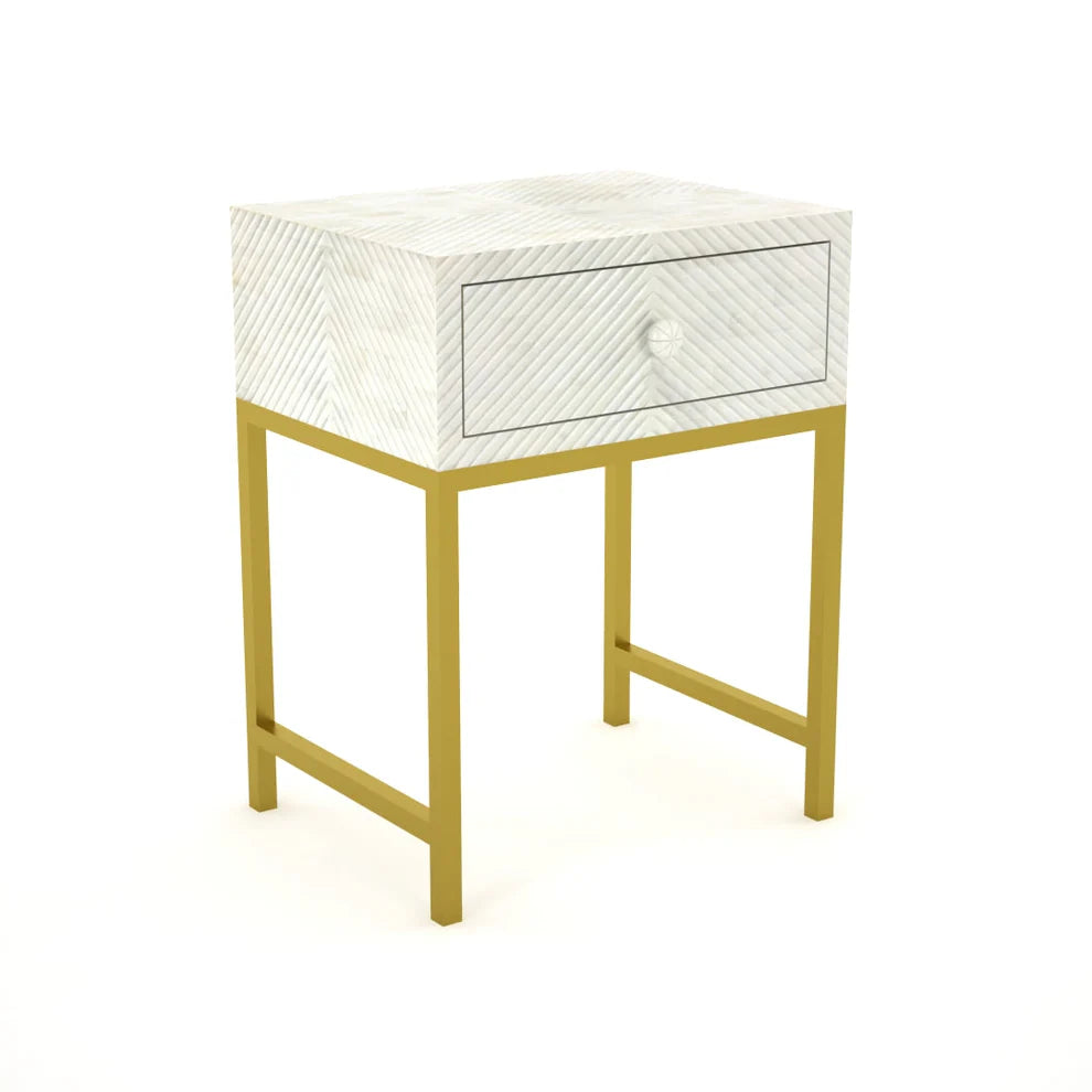 strip pattern full bone inlay bedside in white with pvd coated metal leg