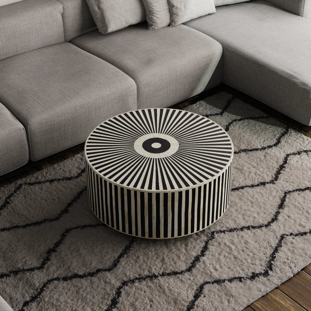 Black strip line pattern round coffee table