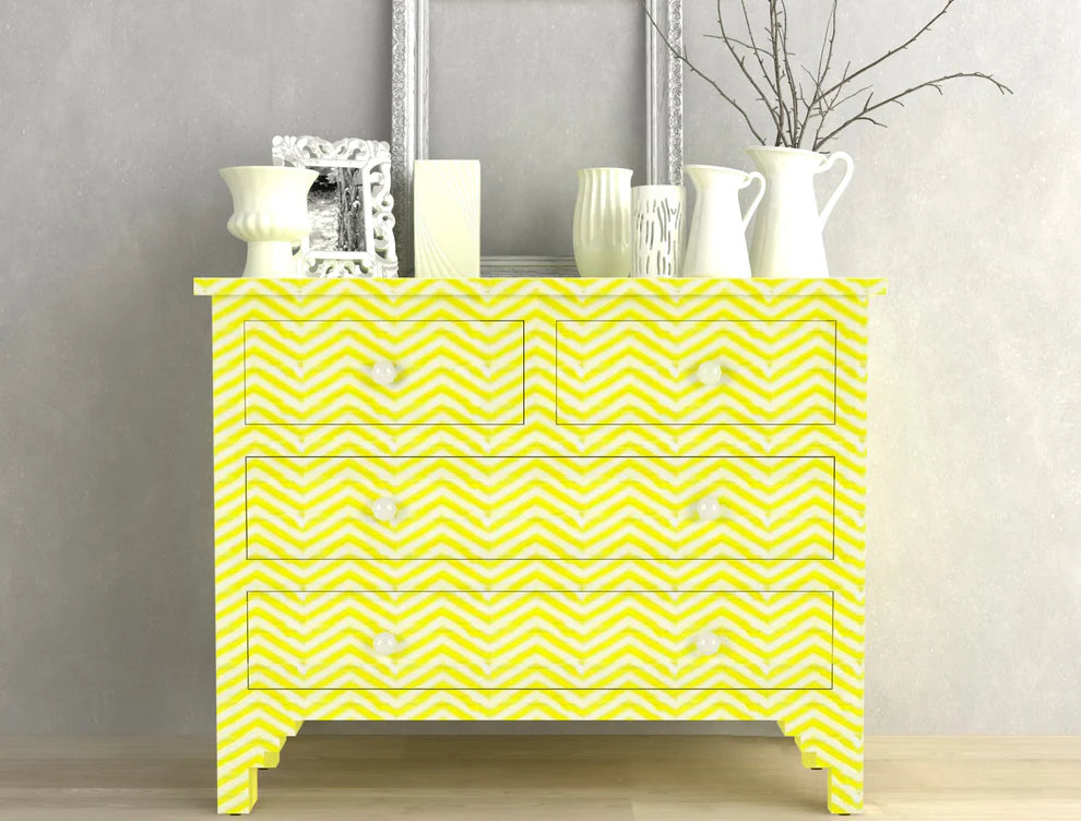 zig zag pattern yellow bone inlay chest of drawers